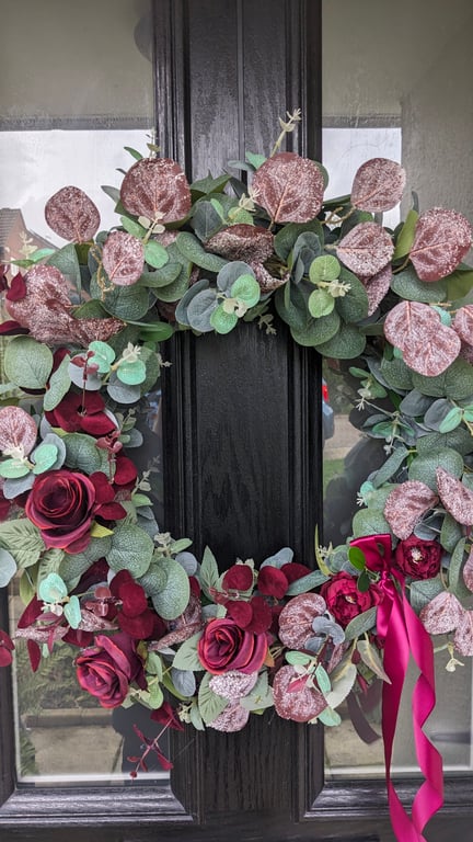 50cm Large Festive Floral Door Wreath Claret Rose