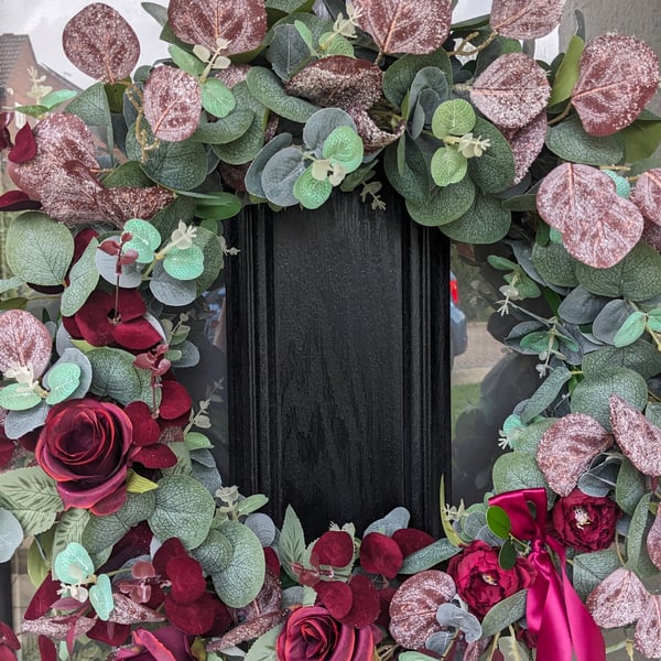 50cm Large Festive Floral Door Wreath Claret Rose