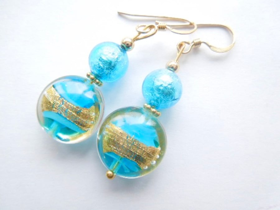 Murano glass earrings handmade turquoise and gold with vermeil and gold filled.
