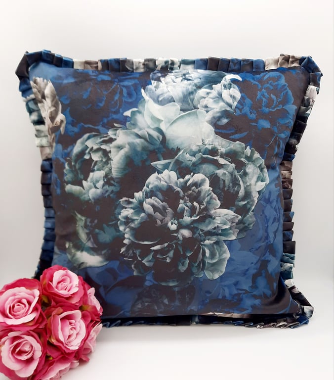 Blue rose velvet cushion cover with pleated edging.  