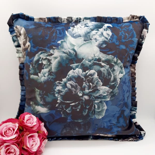 Blue rose velvet cushion cover with pleated edging.  