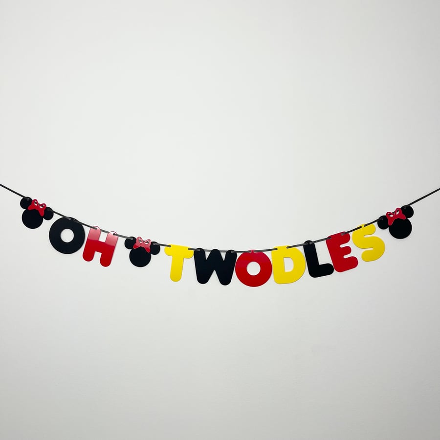 Boy Girl 2nd Birthday Minnie or Mickey Mouse Theme Banner ‘Oh Twodles’ Party Bun