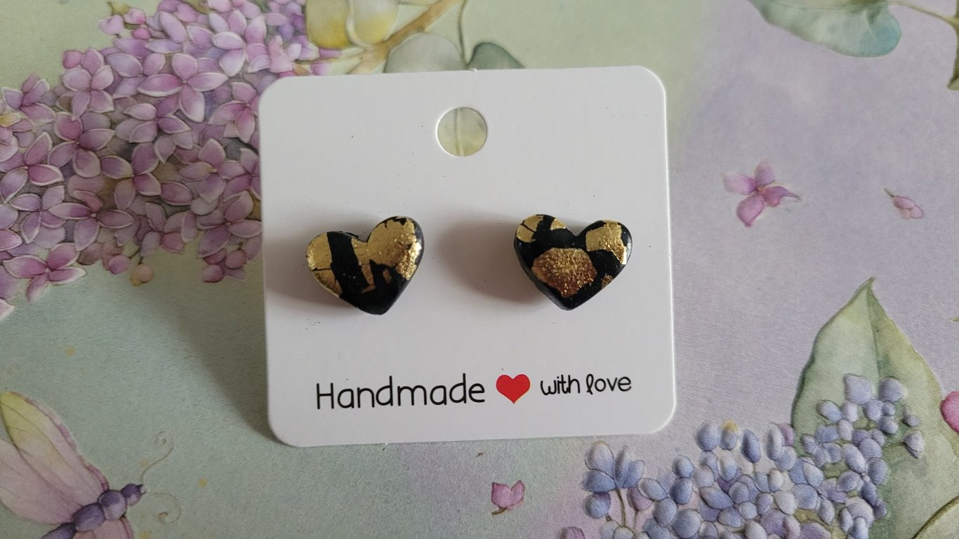 Handmade Polymer Clay Black & Gold Heart Stud Earrings, 316 Stainless Steel