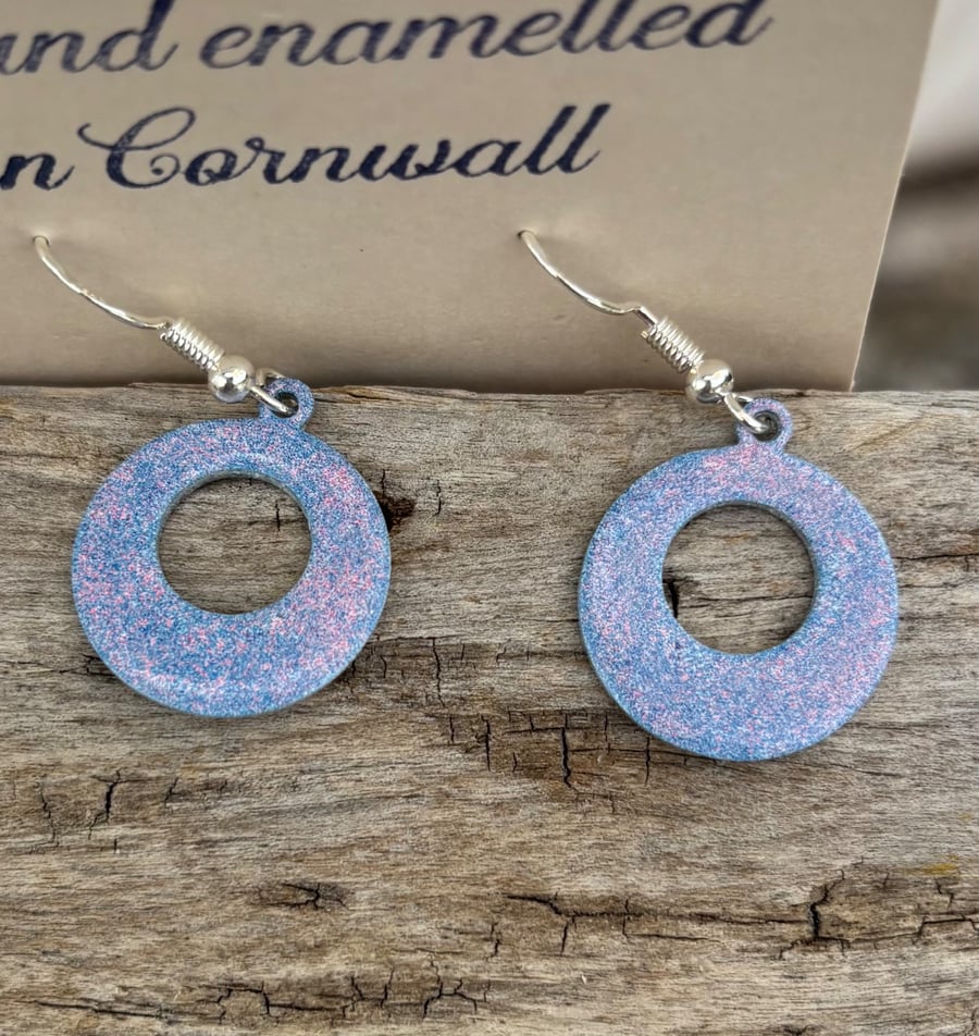 Hand enamelled open circular earrings on sterling silver ear hooks 