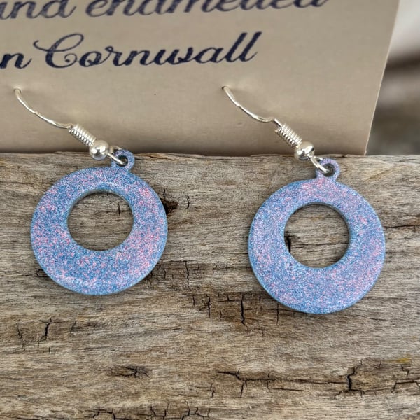 Hand enamelled open circular earrings on sterling silver ear hooks 