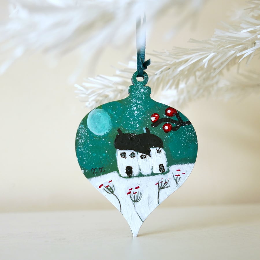 Turquoise Tree Ornament, Christmas Decoration, Winter Landscape, Cottage Art