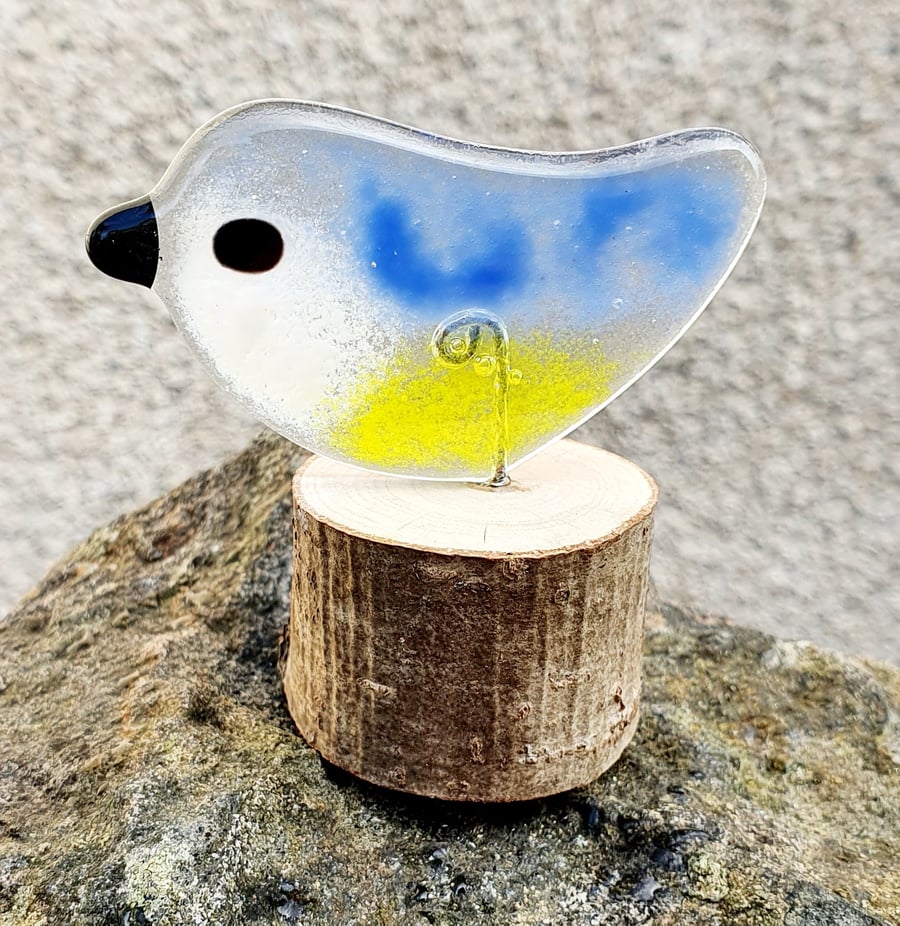 Fused Glass ‘Blue Tit’ Bird on a Log