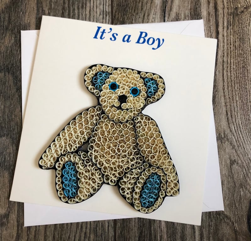 Stunning handmade quilled baby boy card teddy