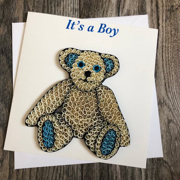 Stunning handmade quilled baby boy card teddy