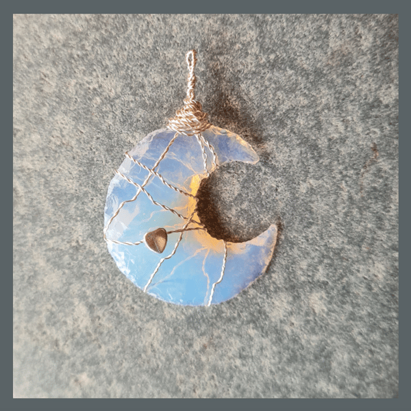 Wire Wrapped Opalite Moon Necklace with sterling silver heart