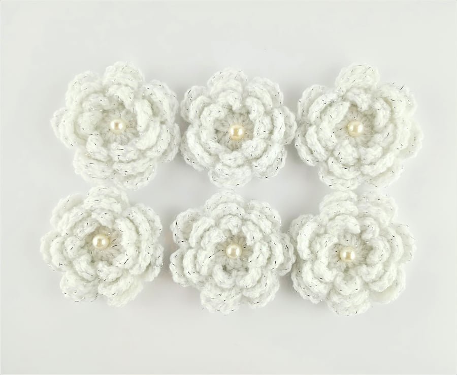 Crochet flowers - SIX 3 layered white glitter flowers with pearl like bead