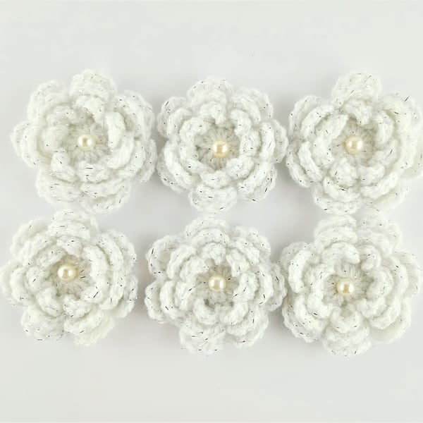 Crochet flowers - SIX 3 layered white glitter flowers with pearl like bead