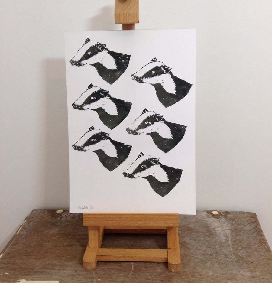 Lino printed badger profile artwork 