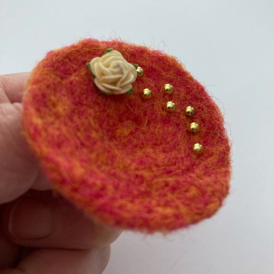 Seconds sunday -Needle felted brooch, orange with rose and half pearl decoration