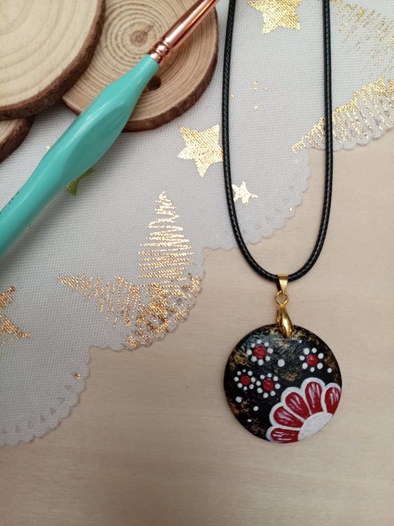 Floral hand painted wooden circular necklace