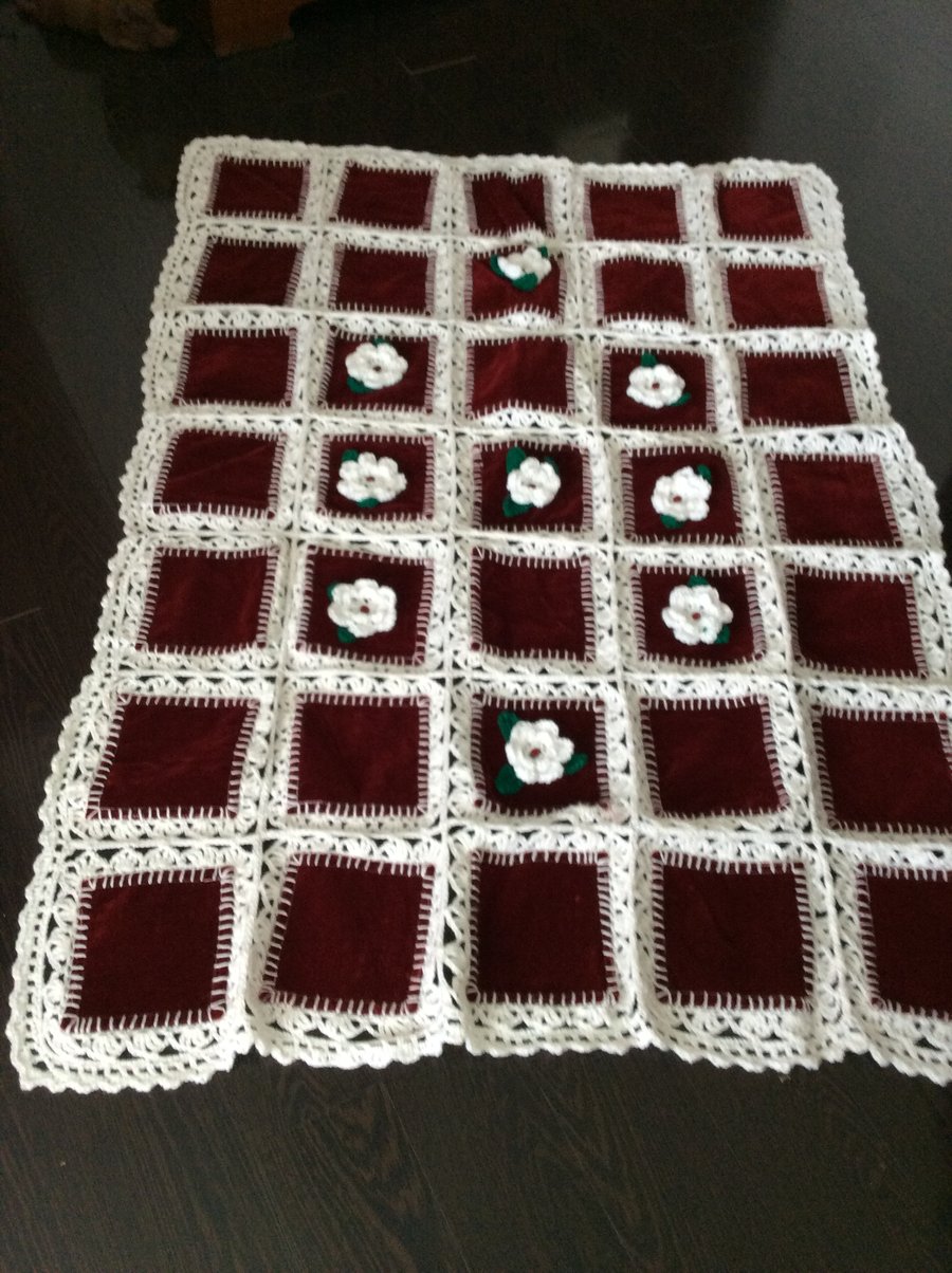 Red velvet quilted and crochet infusion throw