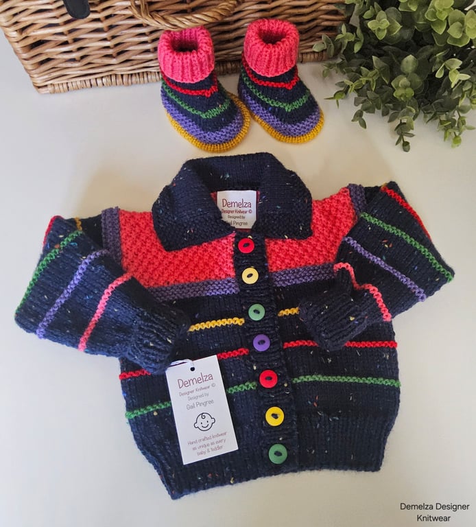 Designer Baby Cardigan & Booties Set Hand Knitted 6-12 Months Size