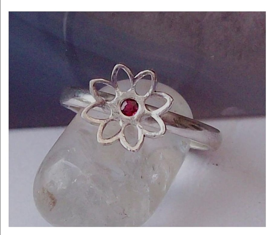 Ruby Ring Sterling silver flower ring size M Hallmarked