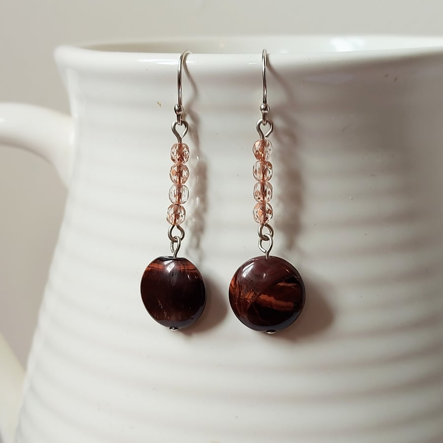 Gemstone and Silver Dangle Earrings with Tiger's Eye and Crystal