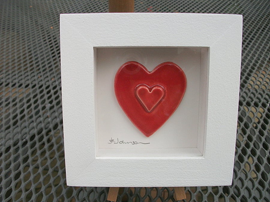 VALENTINE "Heart on Heart"  Ceramic picture - Rustic white frame