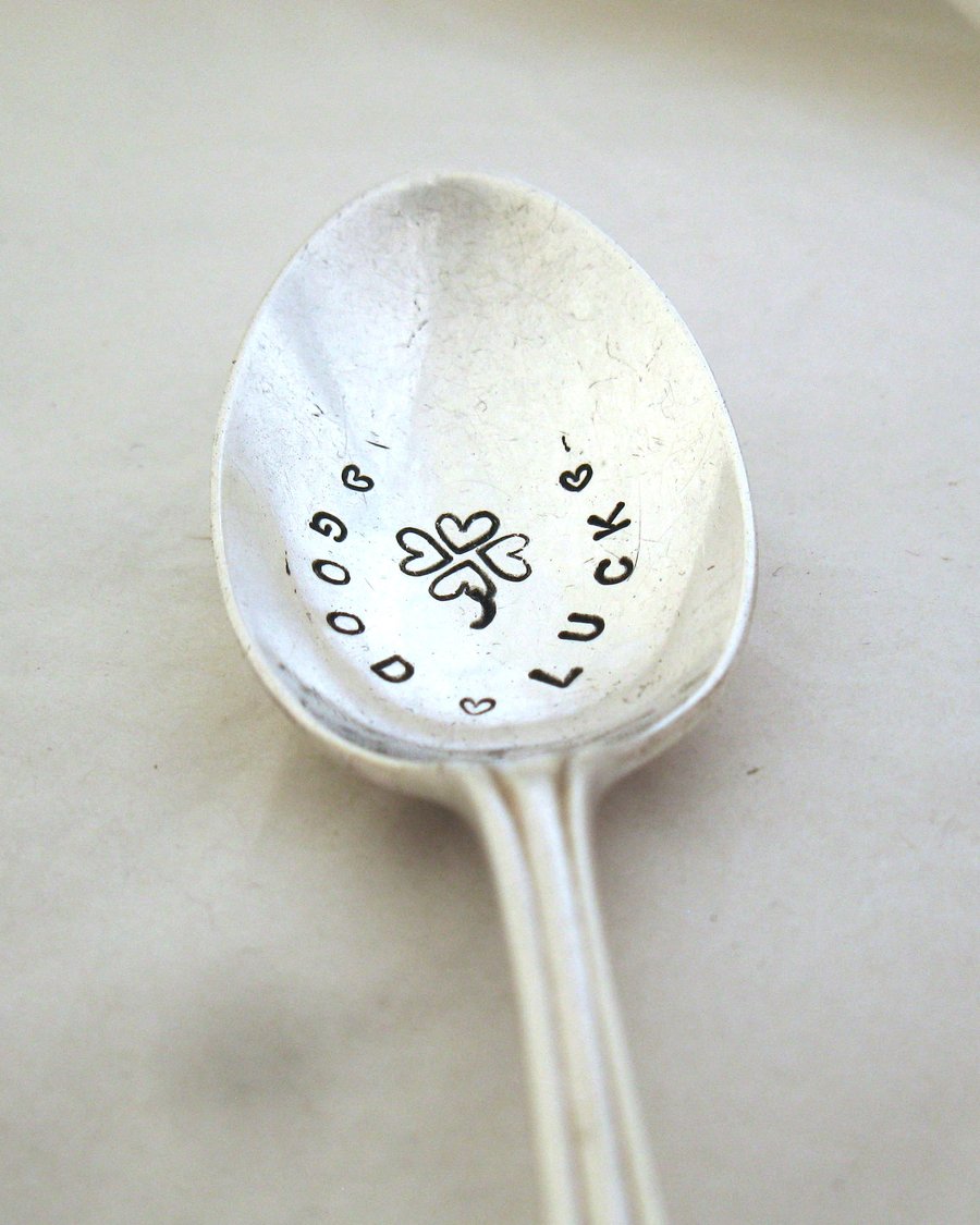 Good Luck spoon, handstamped vintage coffeespoon with hearts