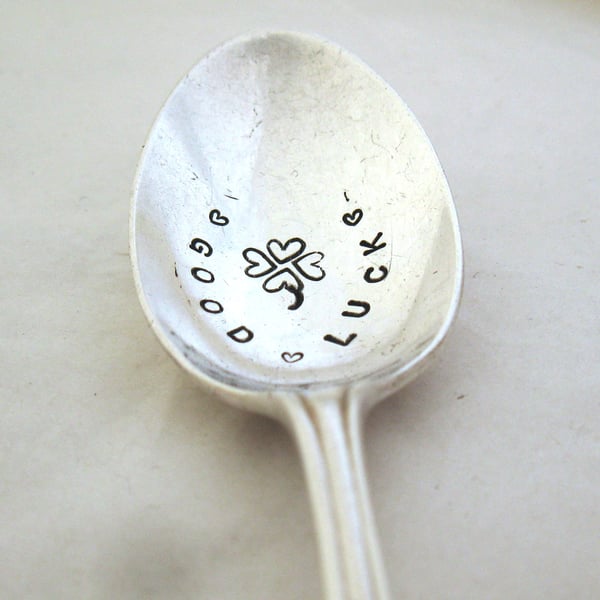 Good Luck spoon, handstamped vintage coffeespoon with hearts