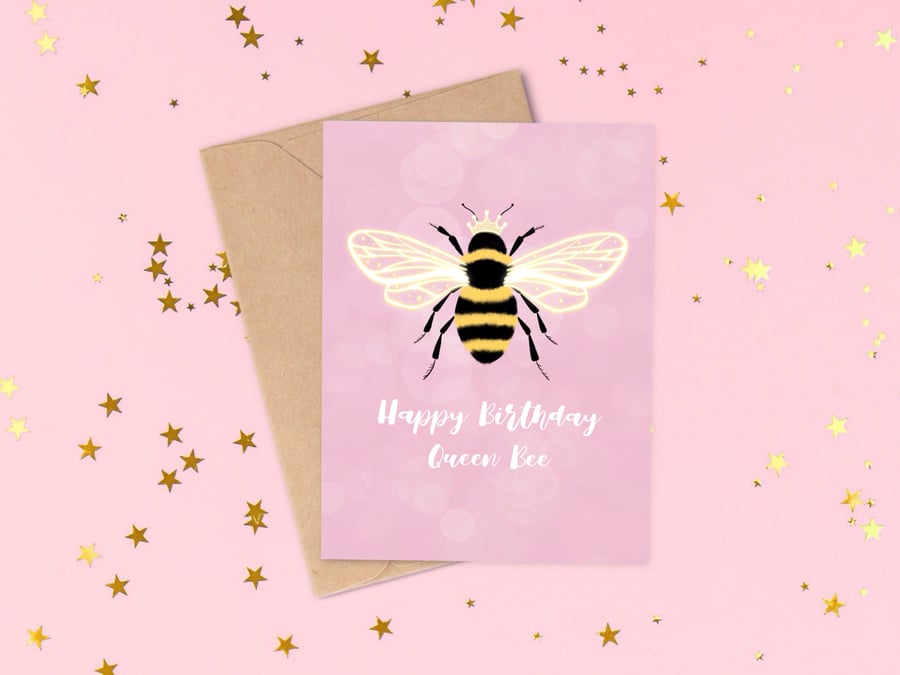 Happy Birthday Queen Bee Card, Bumble Bee Birthday Card, Cute Bee Card.