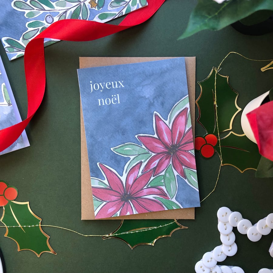 Joyeux Noel Christmas Poinsettia Card Blue Christmas Single or Set of 5 A6 Cards