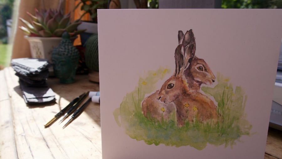 Pack of 5 Hare Cards,  'Looking Out For Each Other'