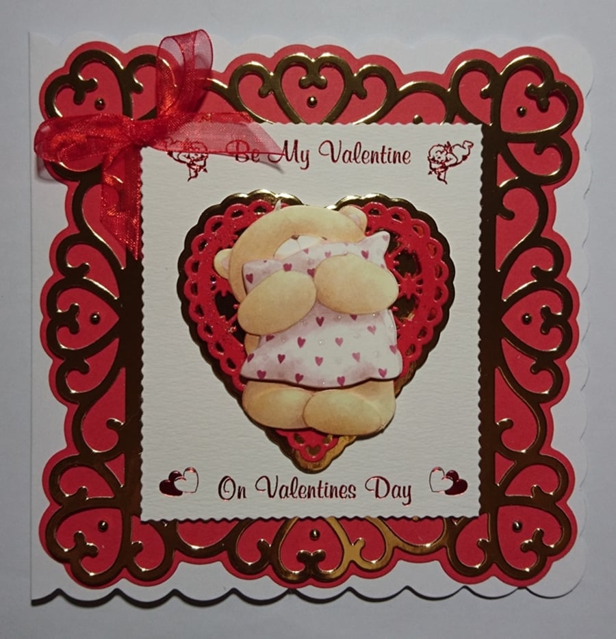 Be My Valentine on Valentines Day Cute Teddy Bear Pillow 3D Luxury Handmade Card