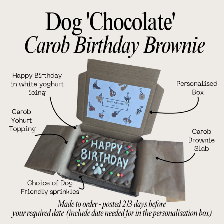 Personalised Dog Birthday Brownie treat box, Homemade iced carob brownie