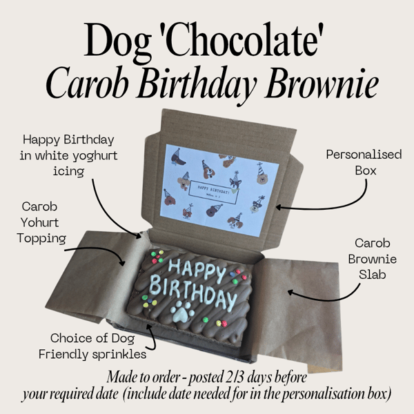 Personalised Dog Birthday Brownie treat box, Homemade iced carob brownie