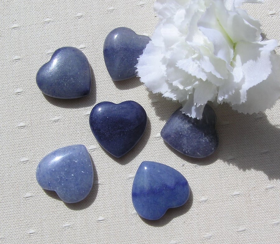 6 Blue Aventurine Solid Gemstone Polished Hearts - 20mm - Chakra - Crafting