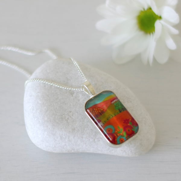 Red Pendant with Art Print, Landscape Pendant Necklace with Glass Cabochon