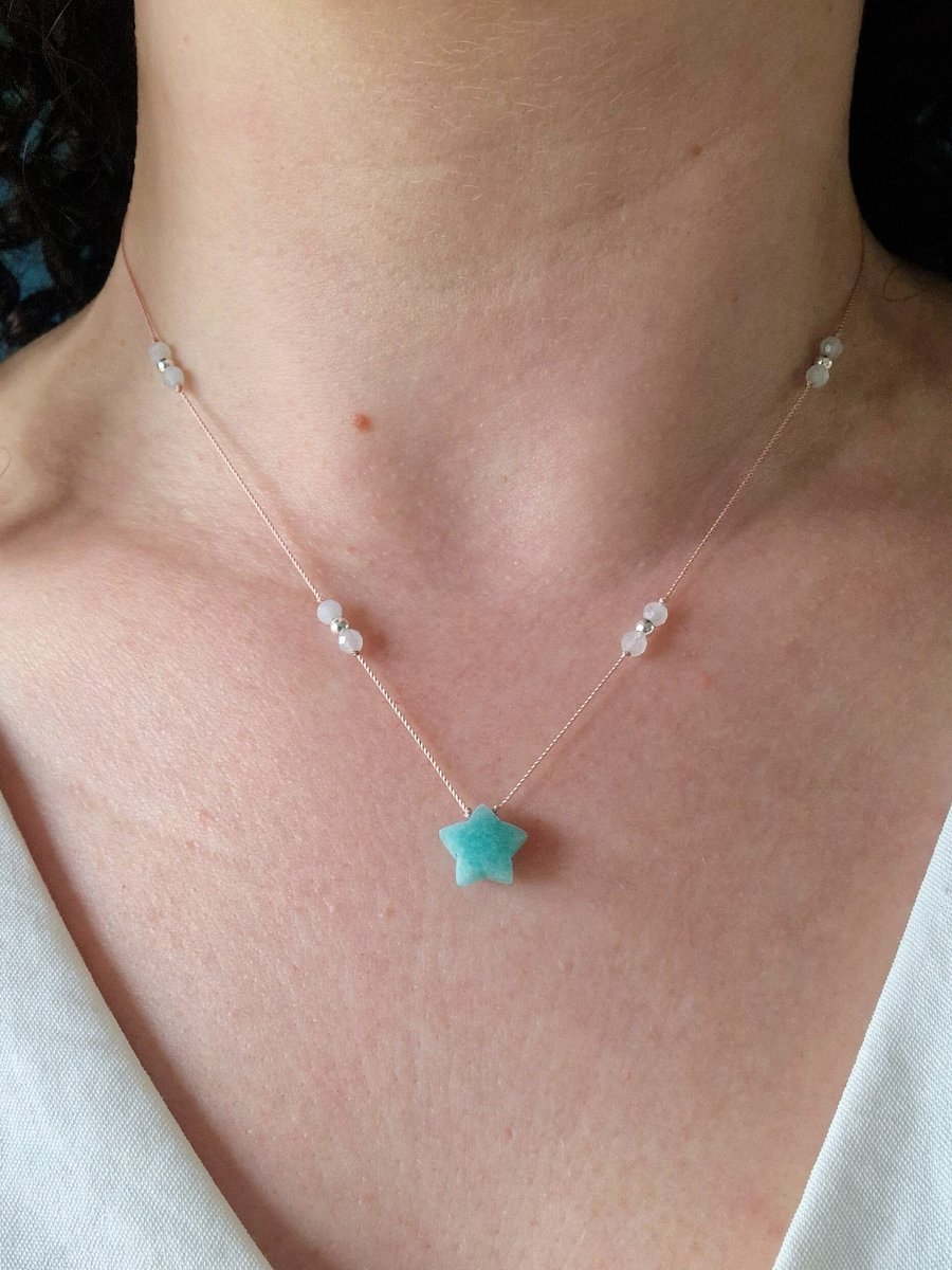 Amazonite aquamarine gemstone fine silk cord necklace with sterling silver