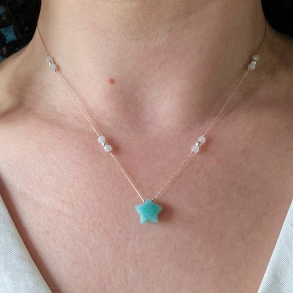 Amazonite aquamarine gemstone fine silk cord necklace with sterling silver