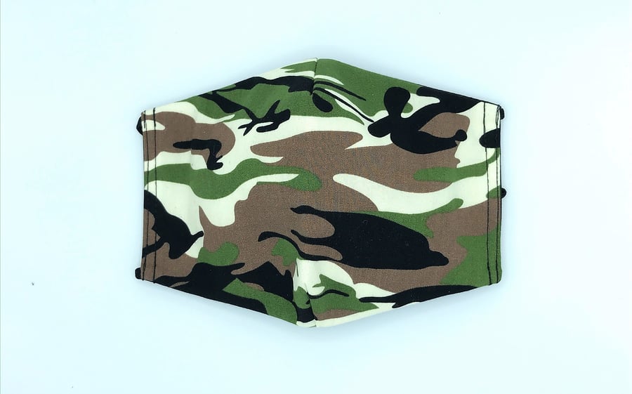 Camouflage and Black Triple Layer Face Mask. Double Sided. Cotton Fabric.