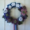 Crochet Frosty Winter wreath, snowflakes, pinecones, holly. 