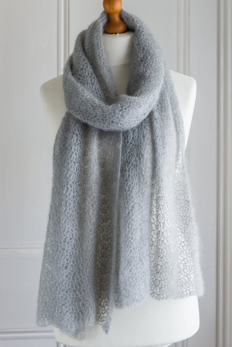 Bridal shawl - Silver grey coloured crochet lace wedding shawl in mohair silk