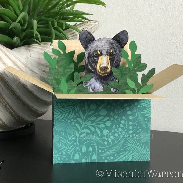 Black Bear Cub Card. 3D box card blank or personalised. Gift card holder.