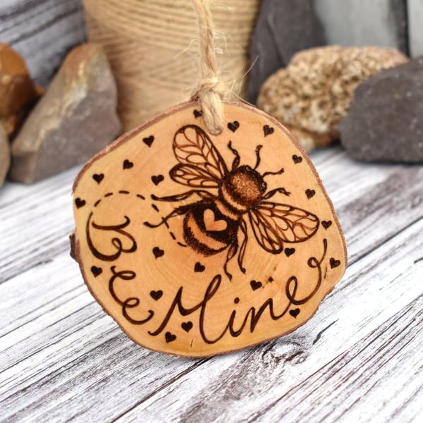 Bee Mine. Pyrography bee decoration, wooden with bumble bee and hearts