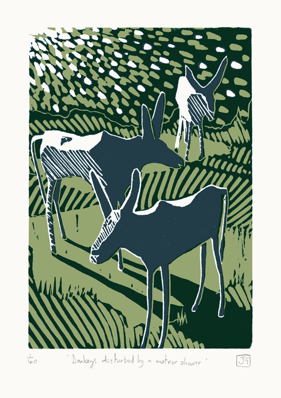  Donkeys Disturbed By A Meteor Shower A3 two-colour linocut screen-print
