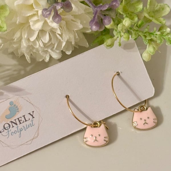 Pink Enamel Cat Hoop Earrings, Charm Earrings, Handmade Jewellery 