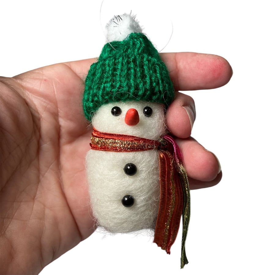 Snowman Christmas bauble with green hat, hanging tree decoration, needle felted