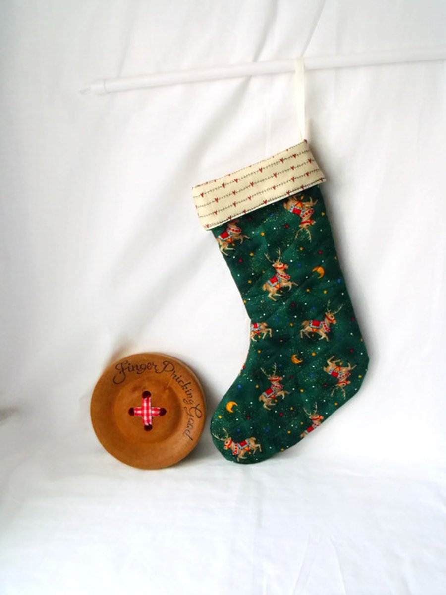 green reindeer christmas stocking, festive hanging decoration