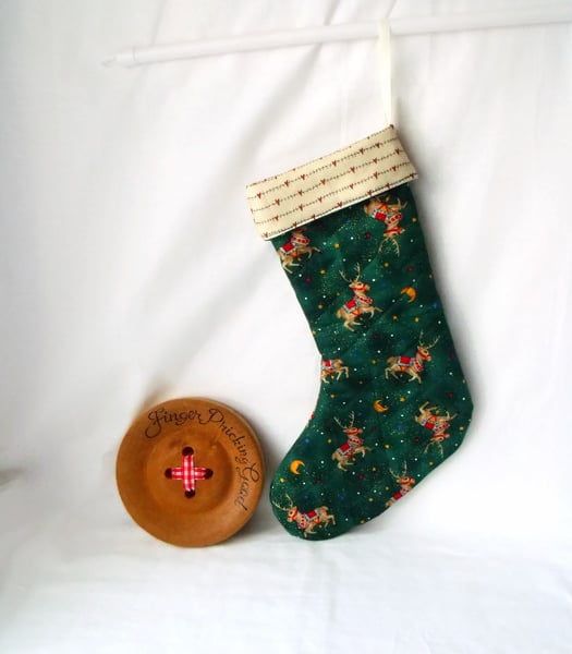 green reindeer christmas stocking, festive hanging decoration