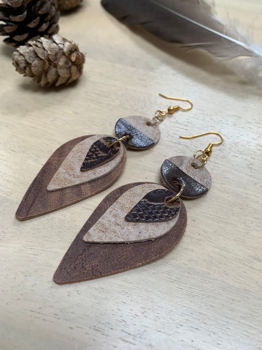 Brown leather handmade earrings 