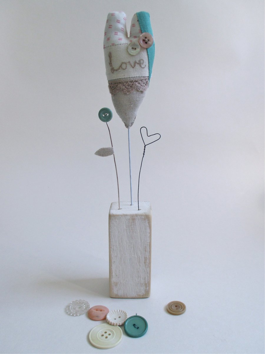 SALE - Fabric Patchwork Love Heart on Wood Block