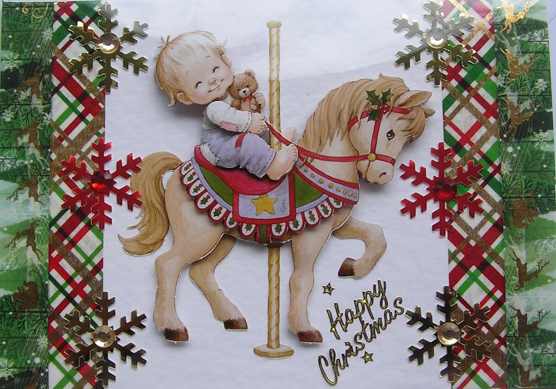Hand Crafted Decoupage Chistmas Card - Happy Christmas (2976) Child on Carousel