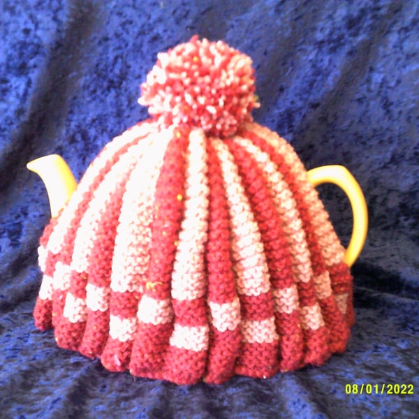 Two Tone Pink Ridged Knitted Tea Cosy with Pom Pom